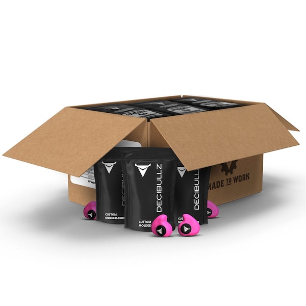 Pink Custom Molded Earplugs in slimmed down packaging. 31 NRR, Simple DIY Process